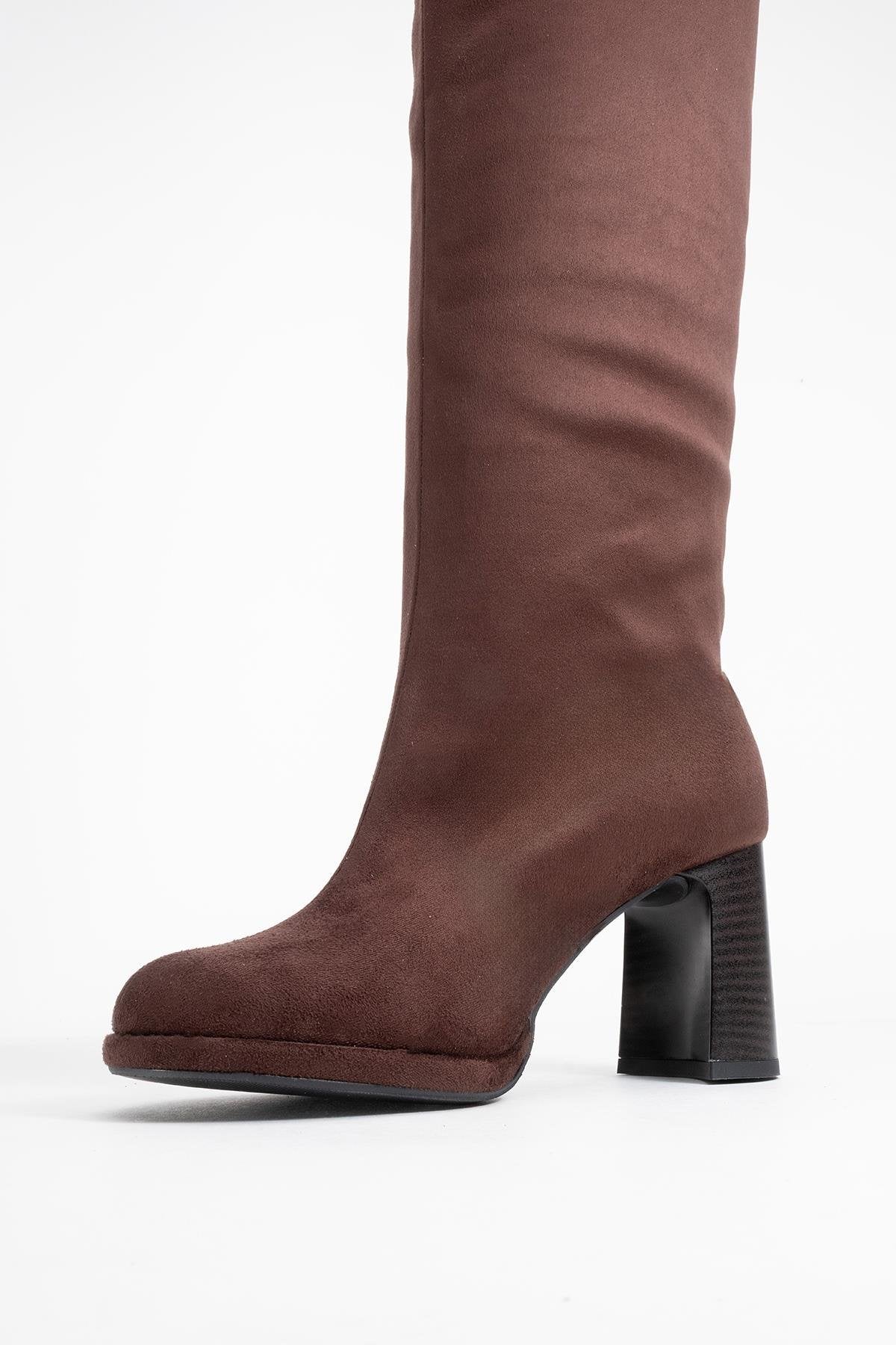 Josette - Brown Block Heel Knee-High Boot – heel view showing suede, Vowalisse
