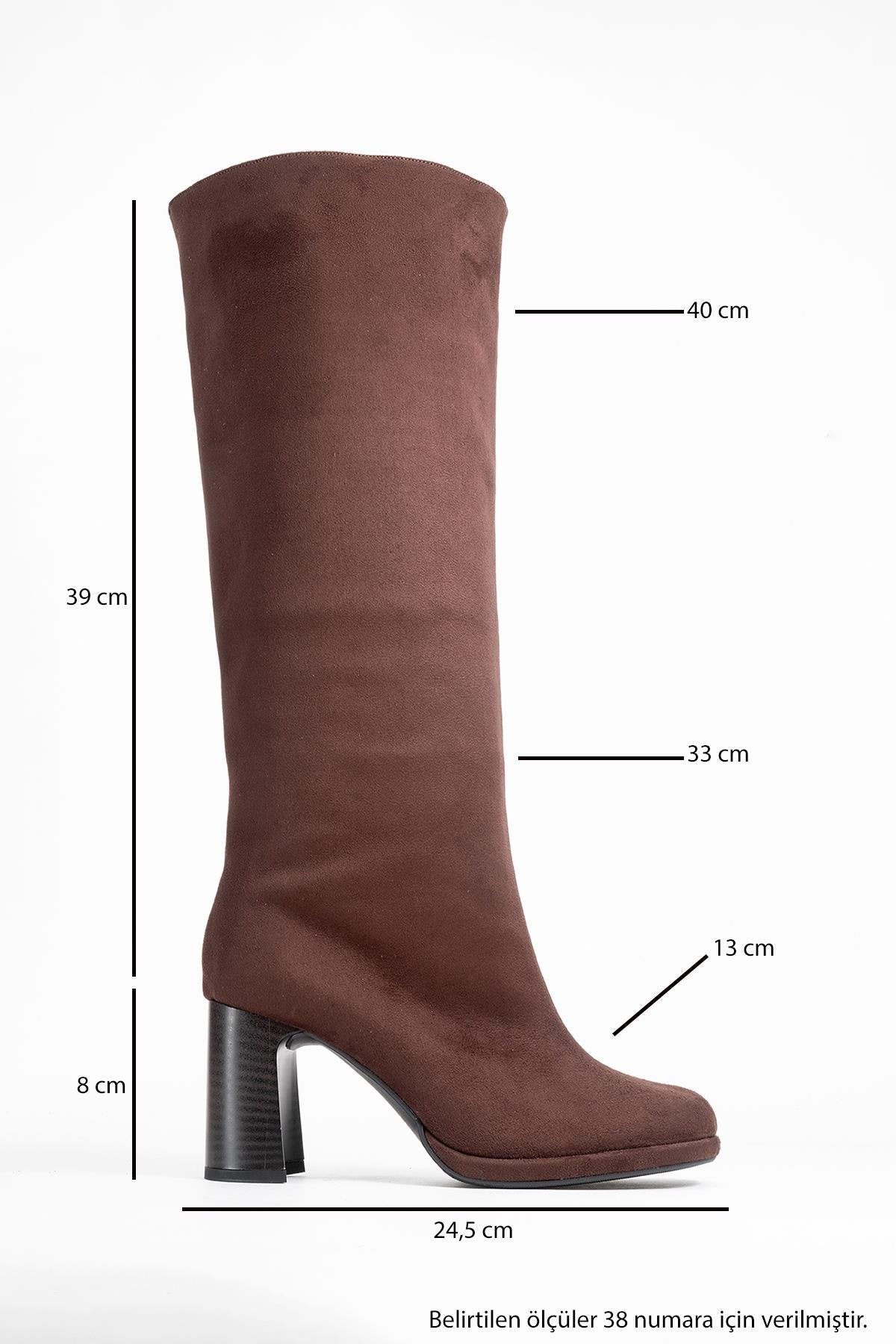 Josette - Brown Block Heel Knee-High Boot – top view showing suede, Vowalisse