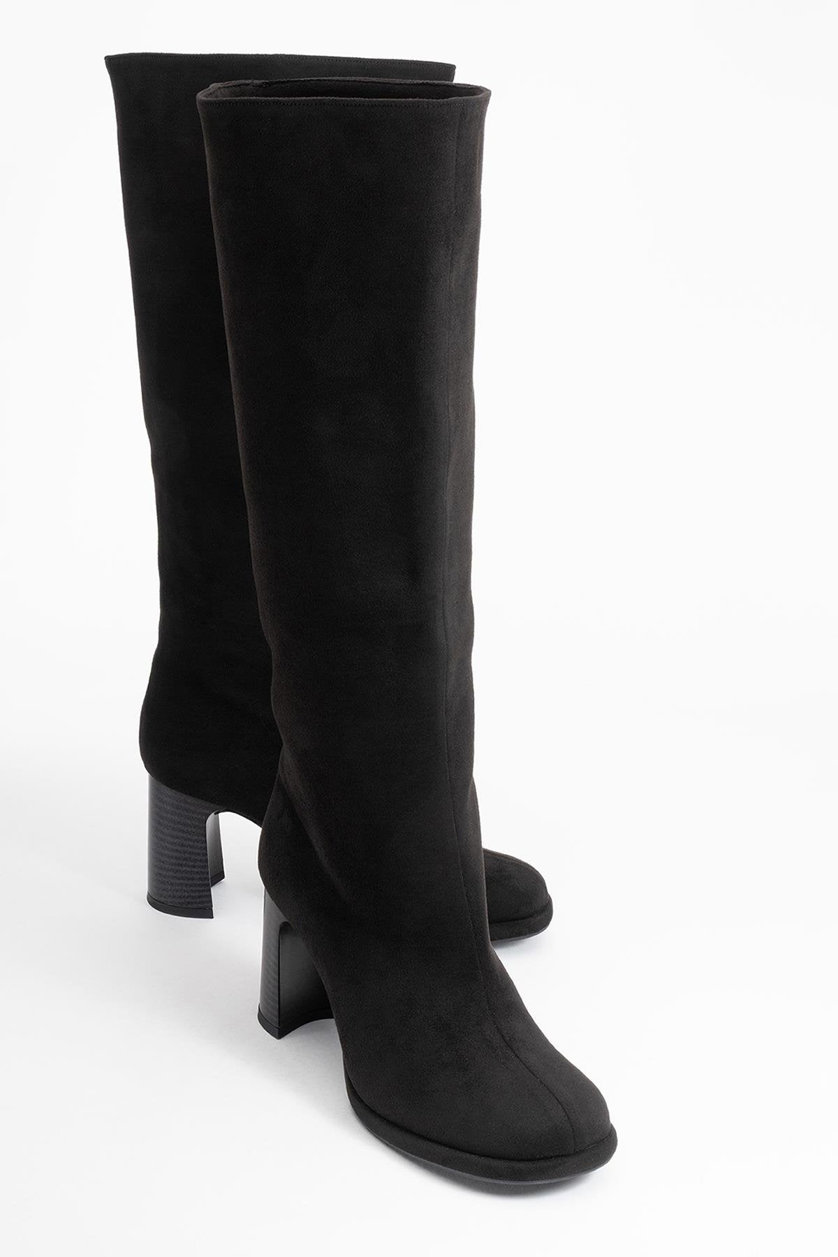 Josette - Black Block Heel Knee-High Boot – front three-quarter view showing suede, black, Vowalisse