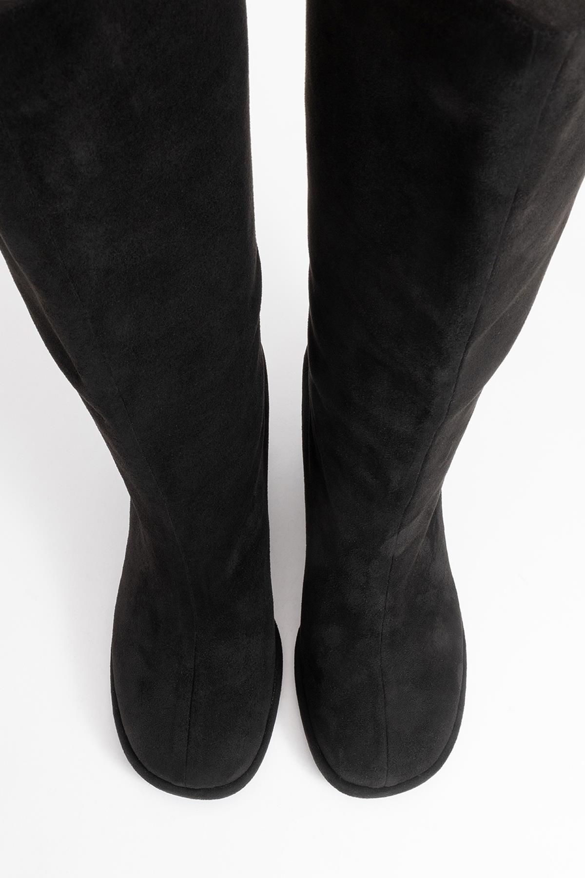 Josette - Black Block Heel Knee-High Boot – side view showing suede, black, Vowalisse