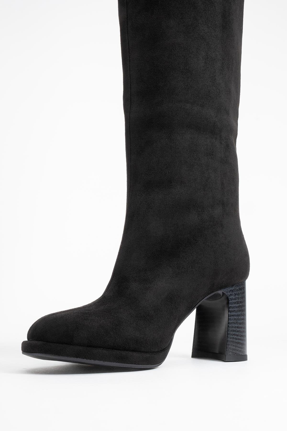 Josette - Black Block Heel Knee-High Boot – heel view showing suede, black, Vowalisse