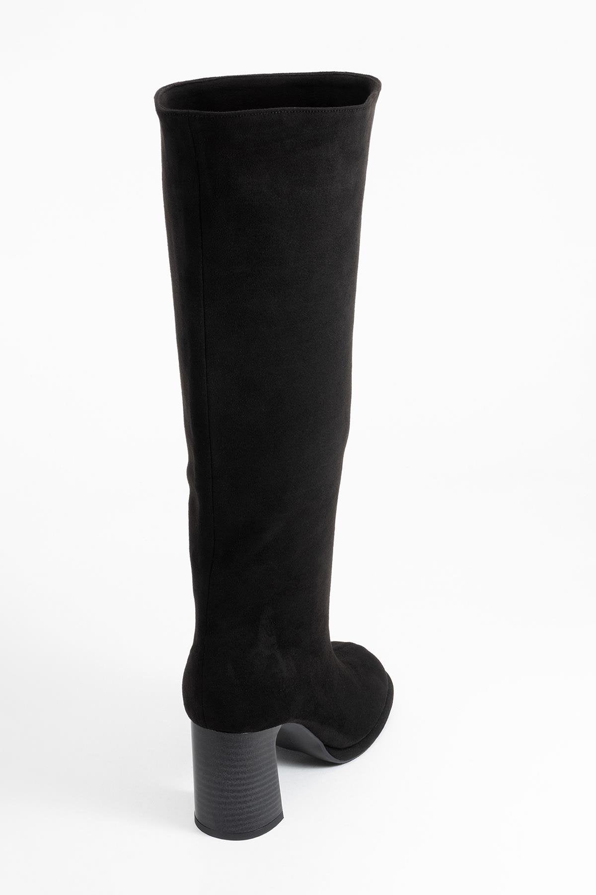 Josette - Black Block Heel Knee-High Boot – back view showing suede, black, Vowalisse