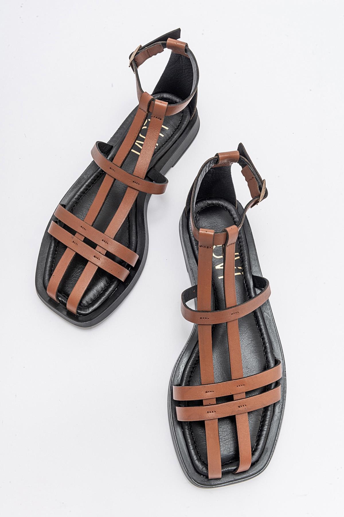 Odeil - Cognac Brown Leather Sandal – side view showing leather, Vowalisse