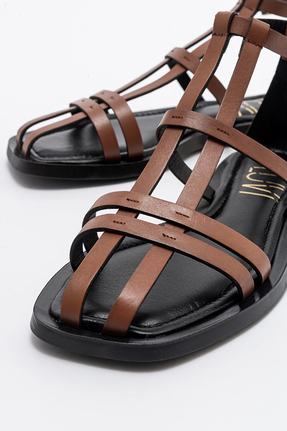 Odeil - Cognac Brown Leather Sandal – heel view showing leather, Vowalisse