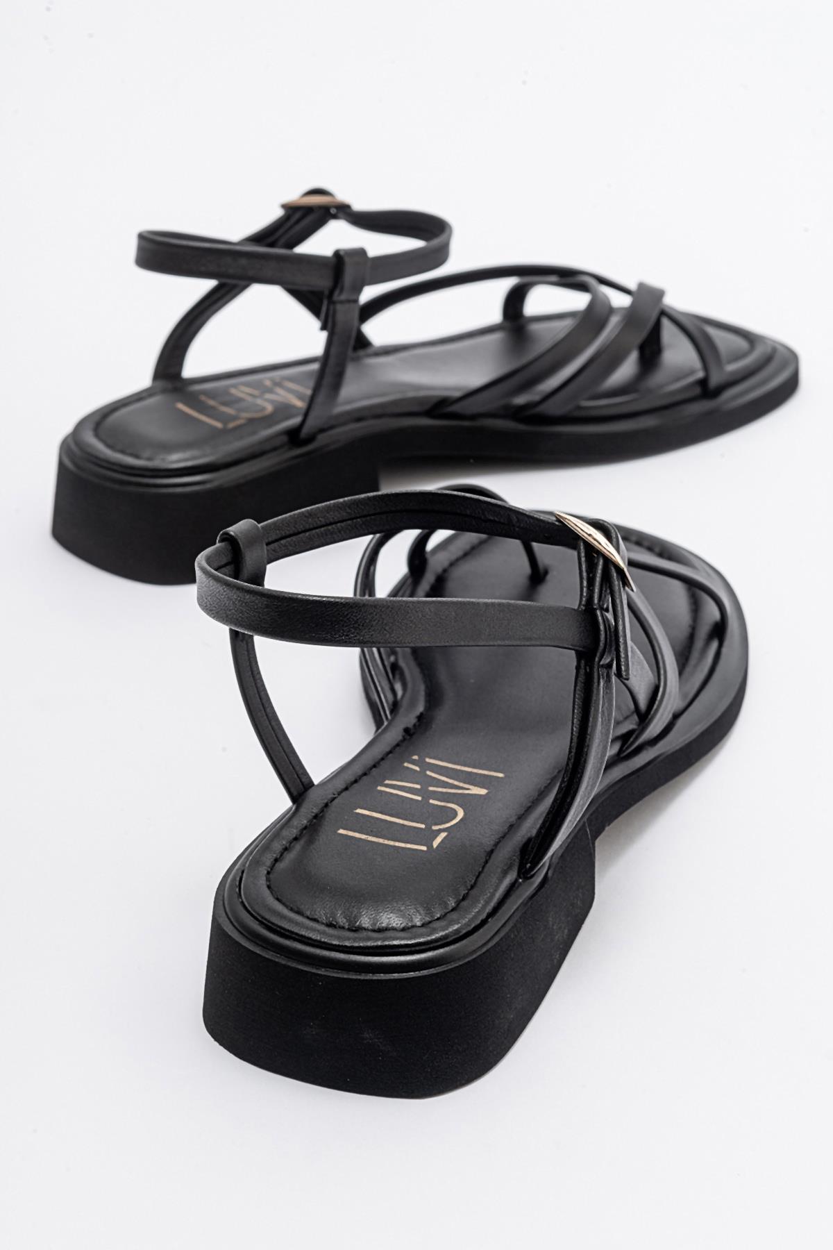 Antas - Black Leather Sandals – detail view showing leather, black, Vowalisse