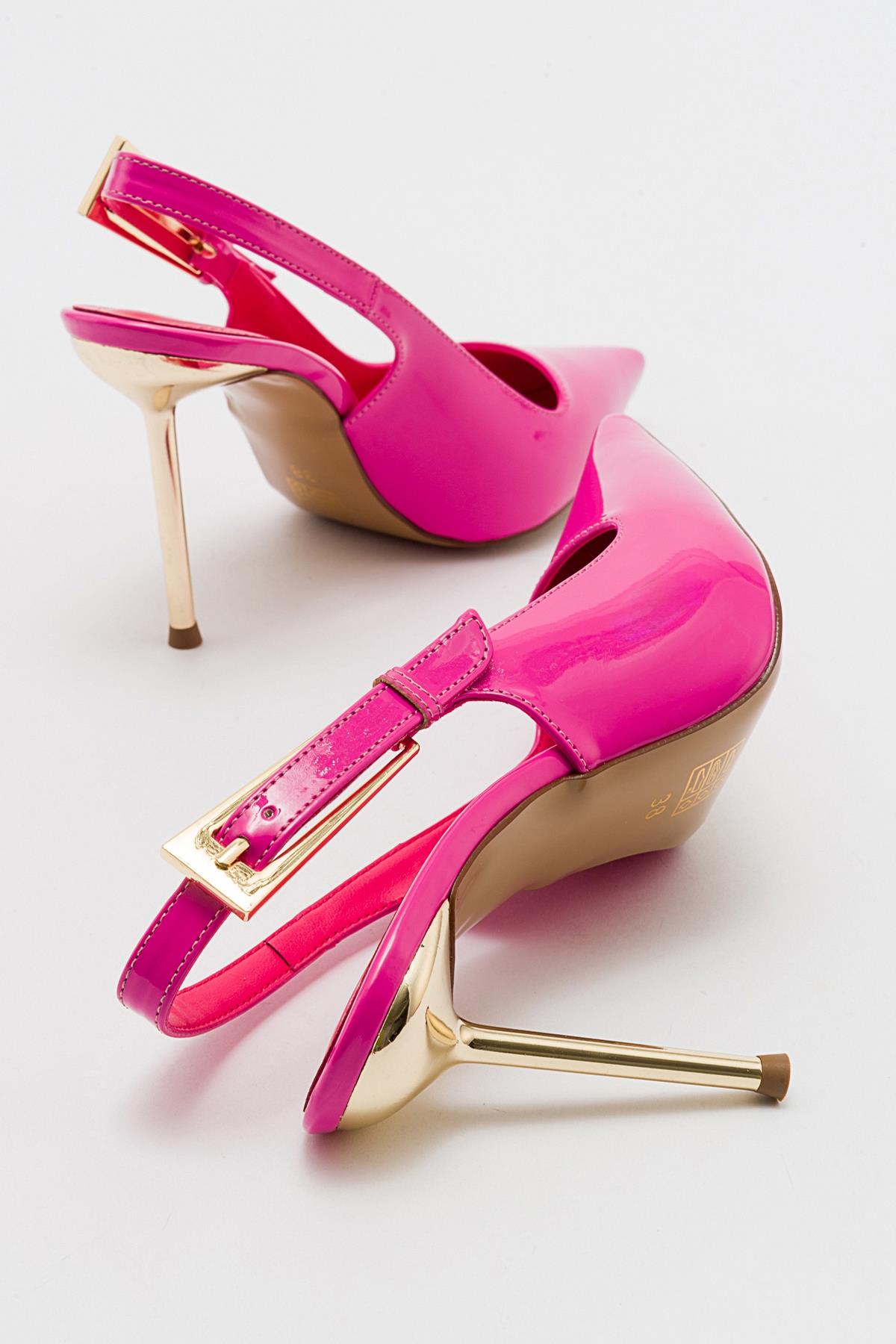 Labin - Fuchsia Patent Buckled High Heel Shoe – heel view showing leather, Vowalisse