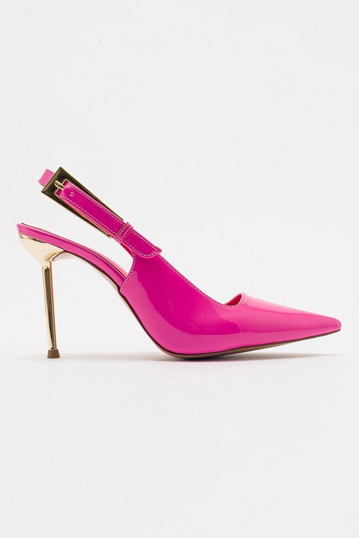 Labin - Fuchsia Patent Buckled High Heel Shoe – top view showing leather, Vowalisse
