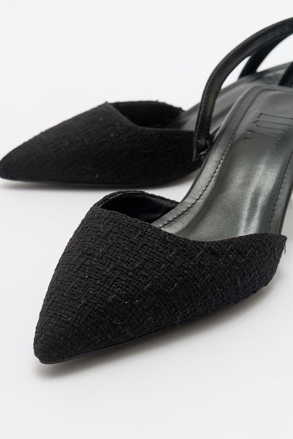 Over - Black Tweed Pointed Toe Low Heel Shoe – heel view showing leather, black, Vowalisse