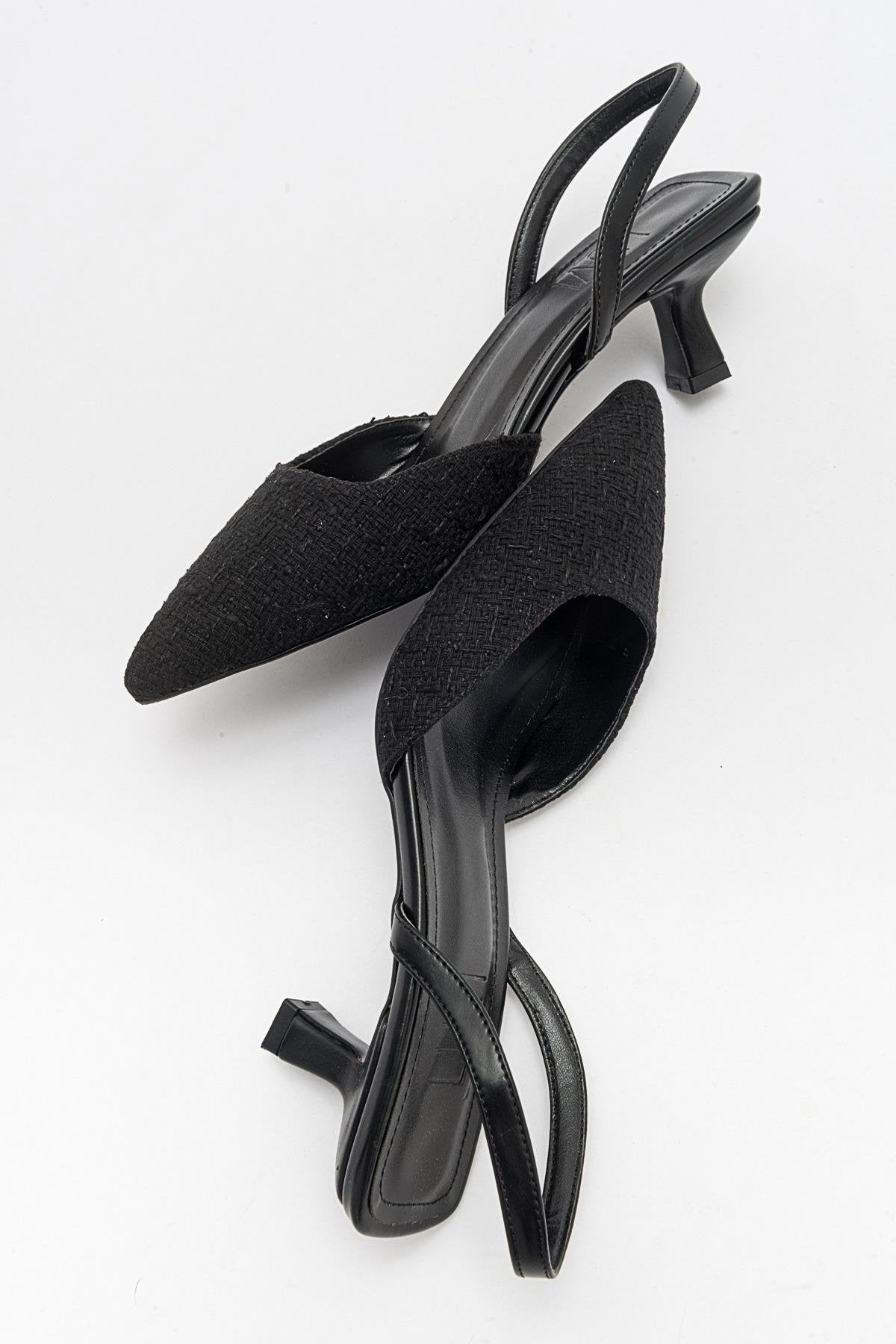 Over - Black Tweed Pointed Toe Low Heel Shoe – back view showing leather, black, Vowalisse