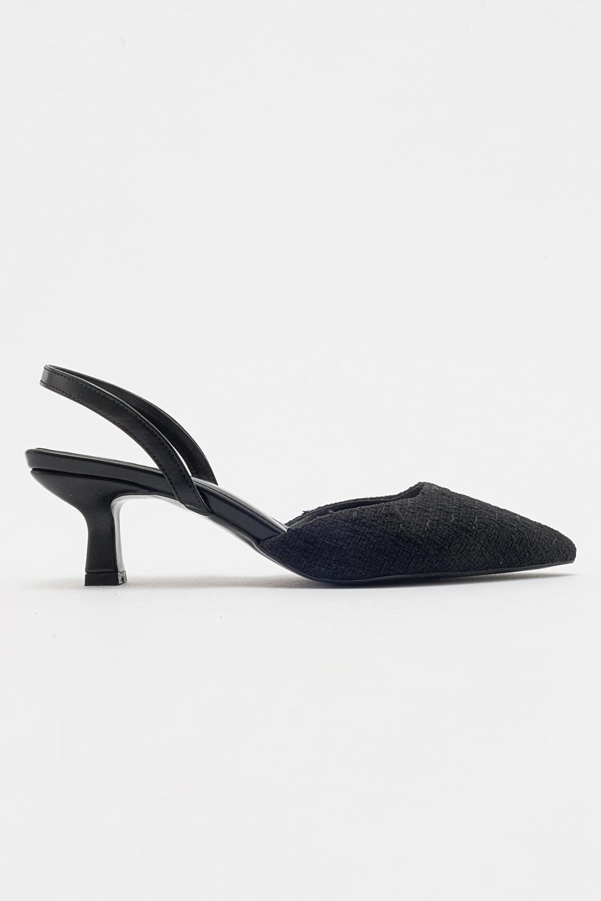 Over - Black Tweed Pointed Toe Low Heel Shoe – top view showing leather, black, Vowalisse