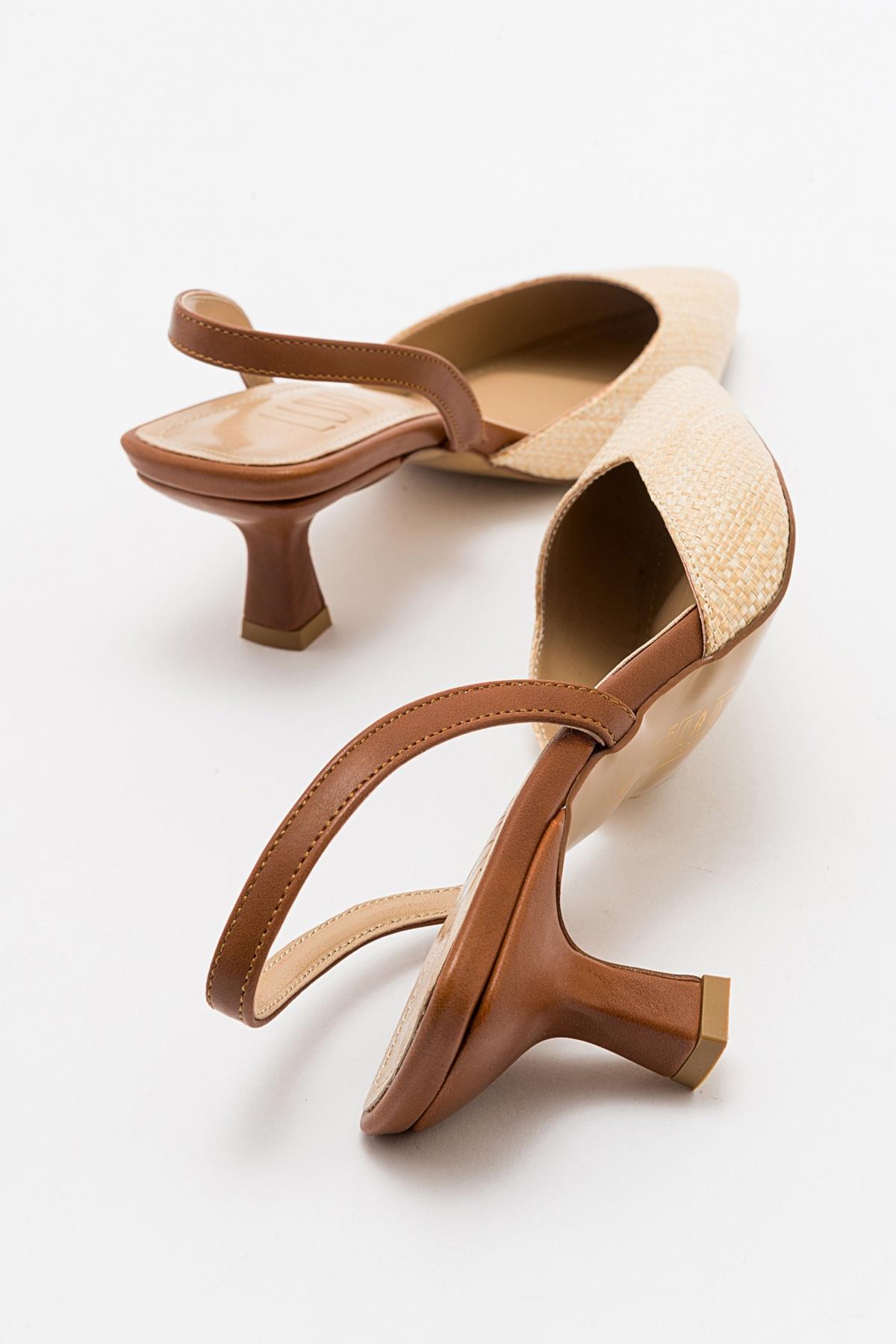 Over - Beige/Tan Pointed Toe Low Heel Shoe – side view showing leather, Vowalisse