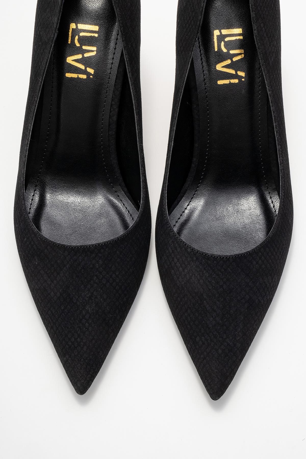 Hudson - Black Patterned Pump – side view showing leather, metallic, black, Vowalisse