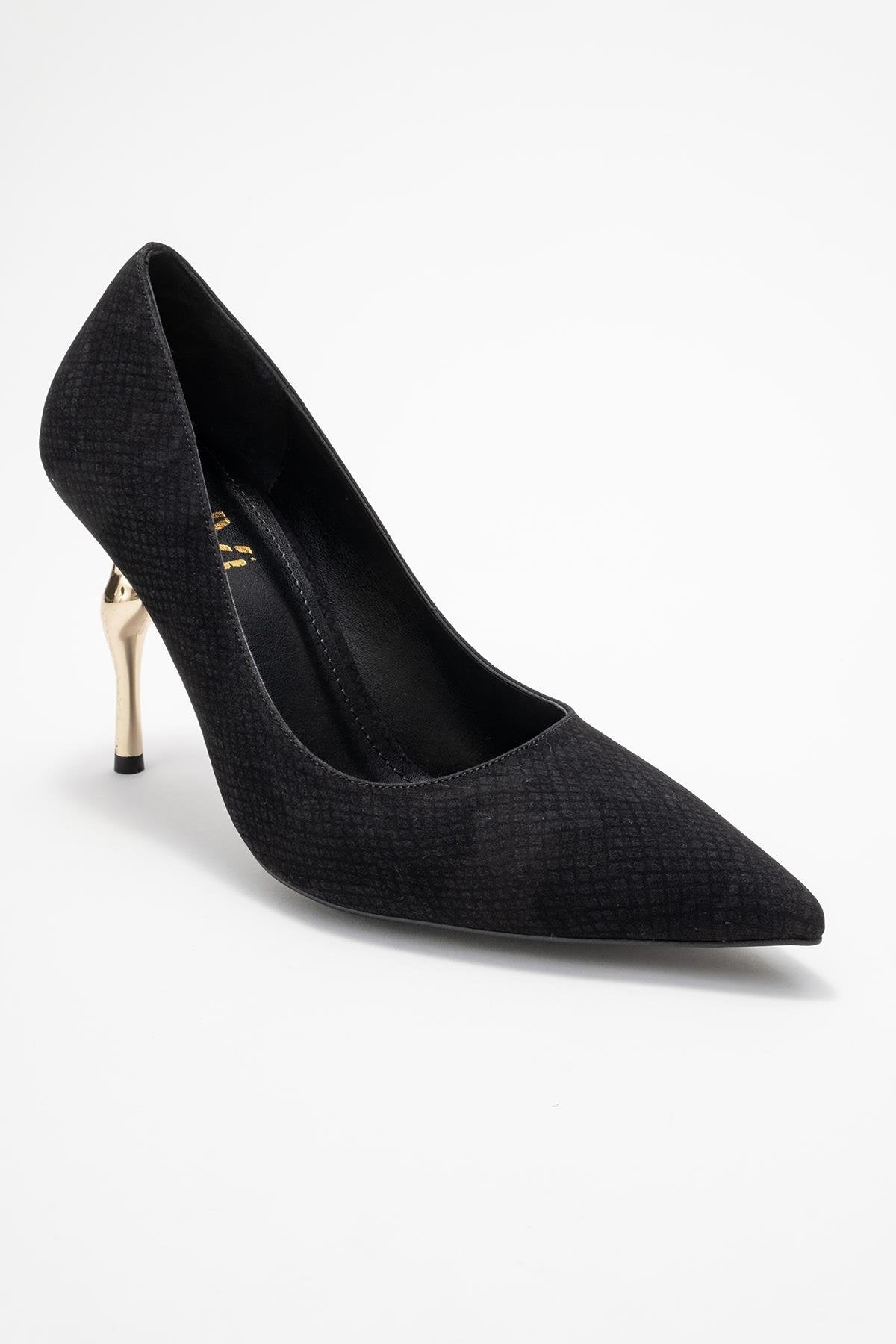 Hudson - Black Patterned Pump – detail view showing leather, metallic, black, Vowalisse
