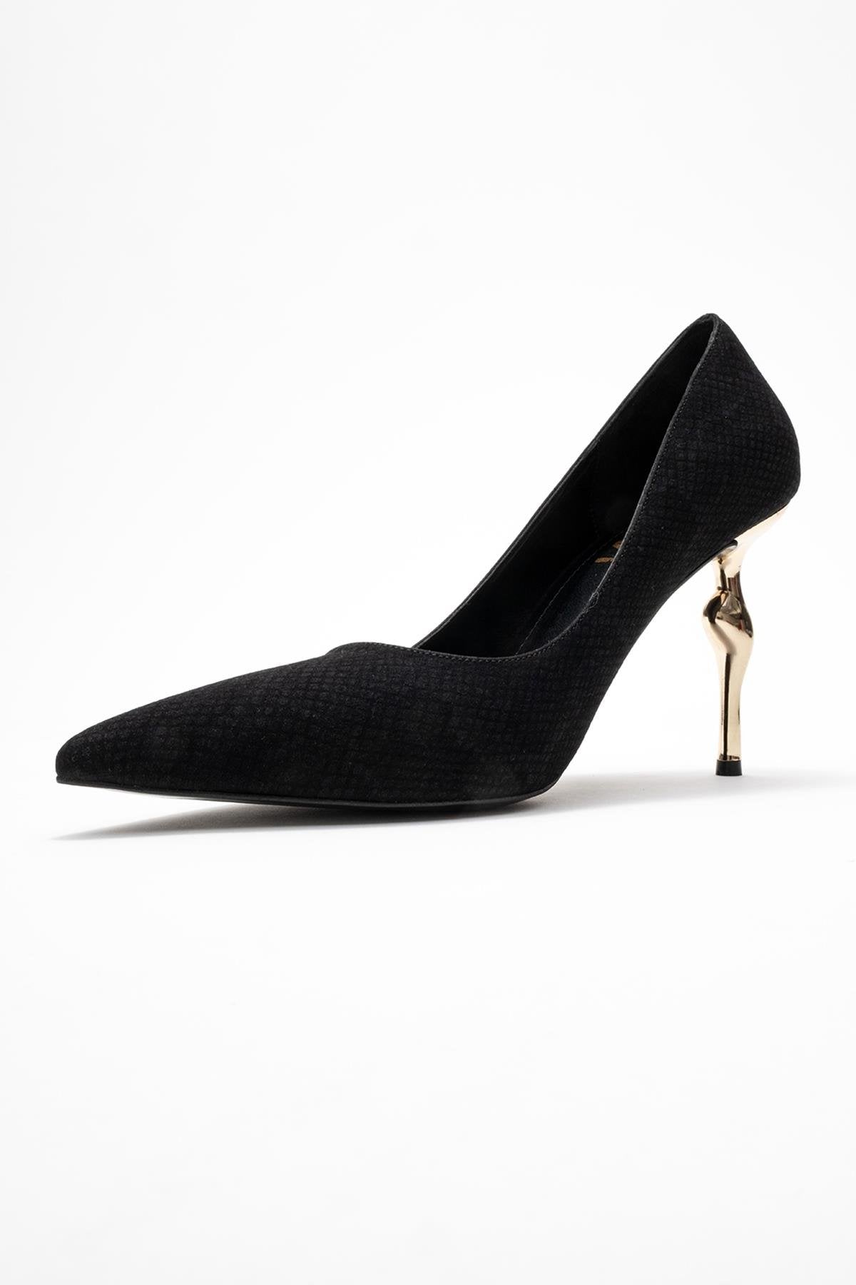 Hudson - Black Patterned Pump – heel view showing leather, metallic, black, Vowalisse