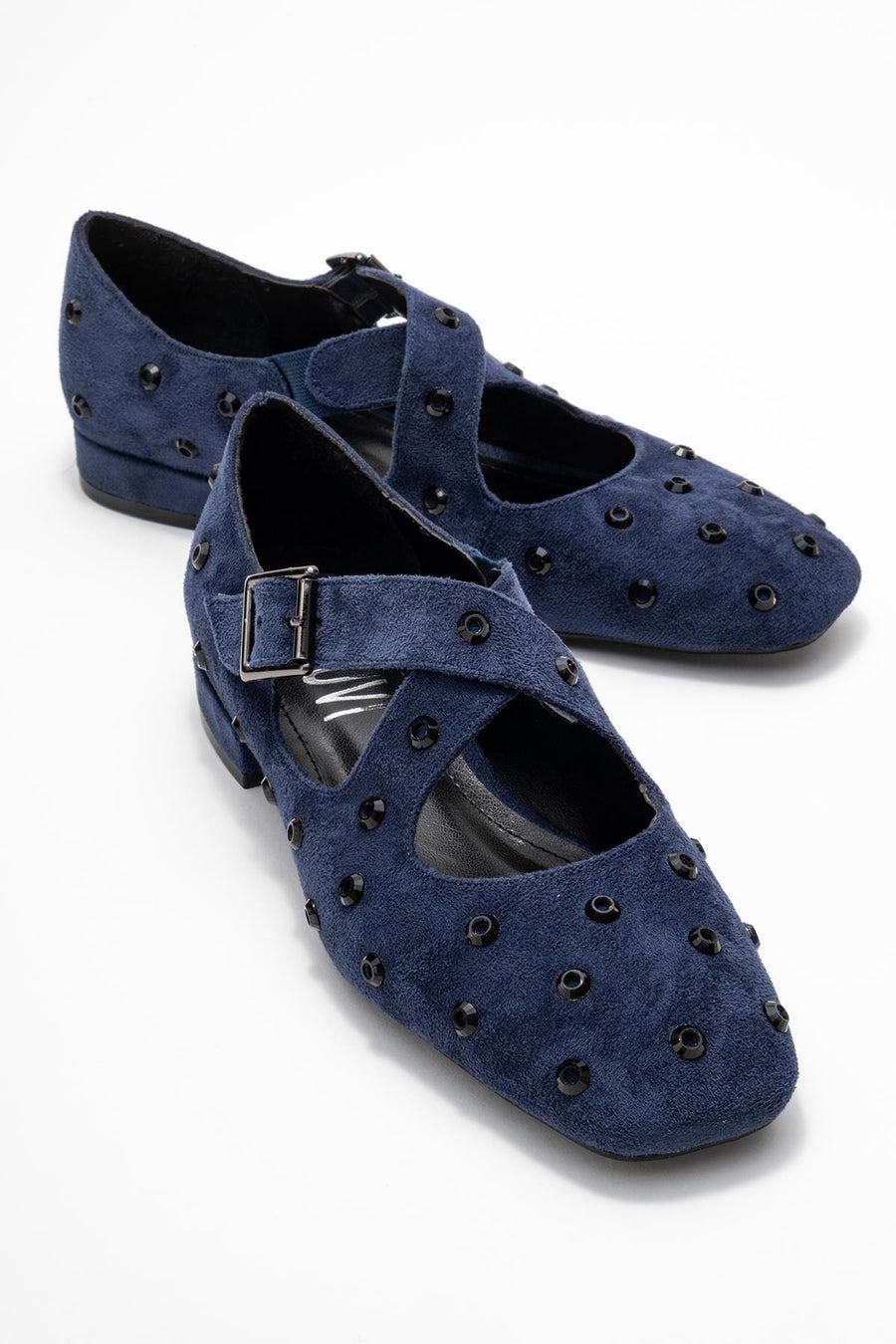 Addison - Navy Jeweled Cross-Strap Ballet Flat