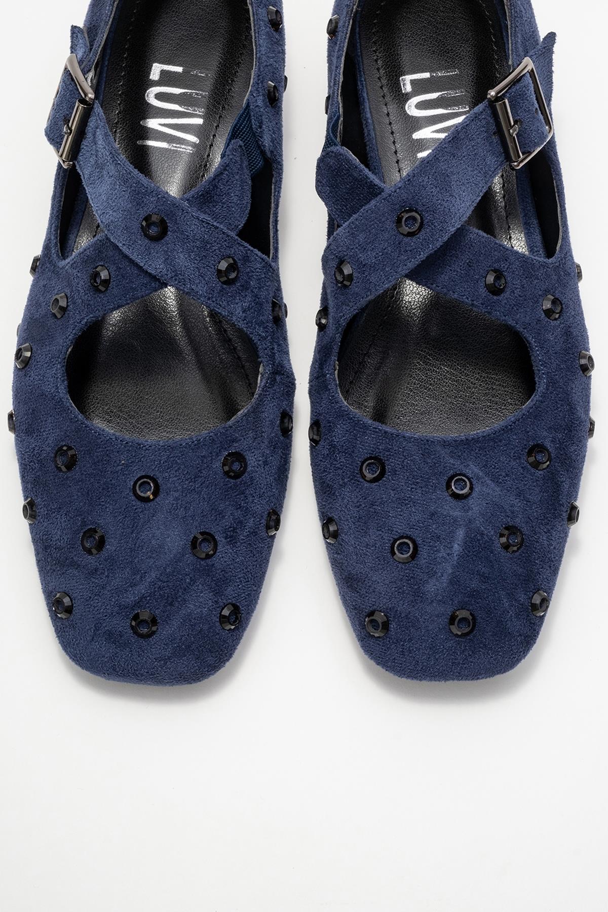 Addison - Navy Jeweled Cross-Strap Ballet Flat – side view showing leather, suede, Vowalisse