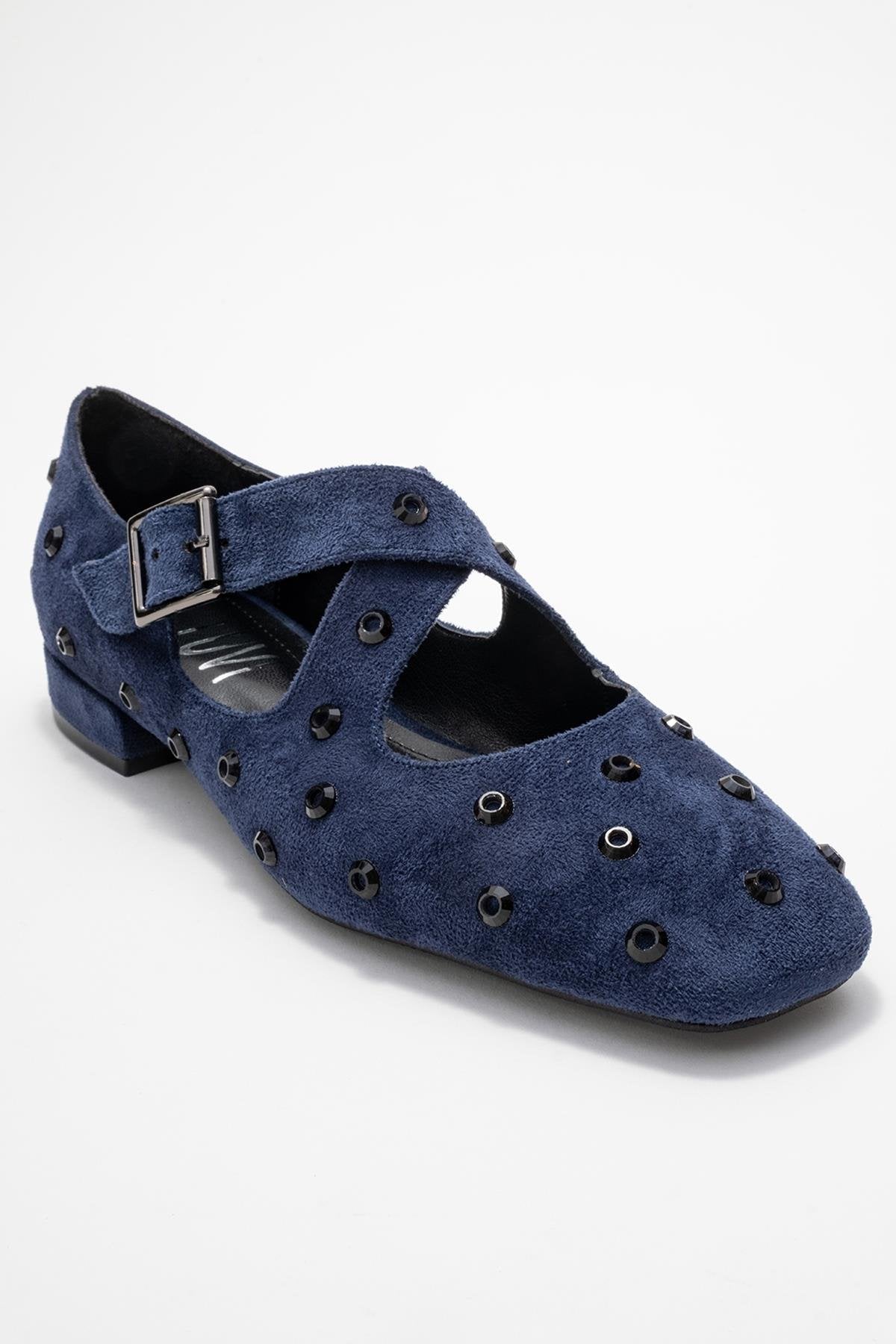 Addison - Navy Jeweled Cross-Strap Ballet Flat – detail view showing leather, suede, Vowalisse