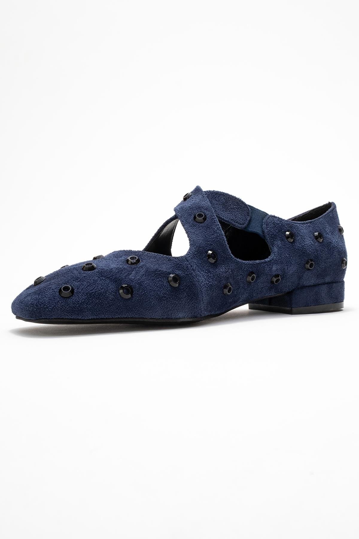 Addison - Navy Jeweled Cross-Strap Ballet Flat – heel view showing leather, suede, Vowalisse