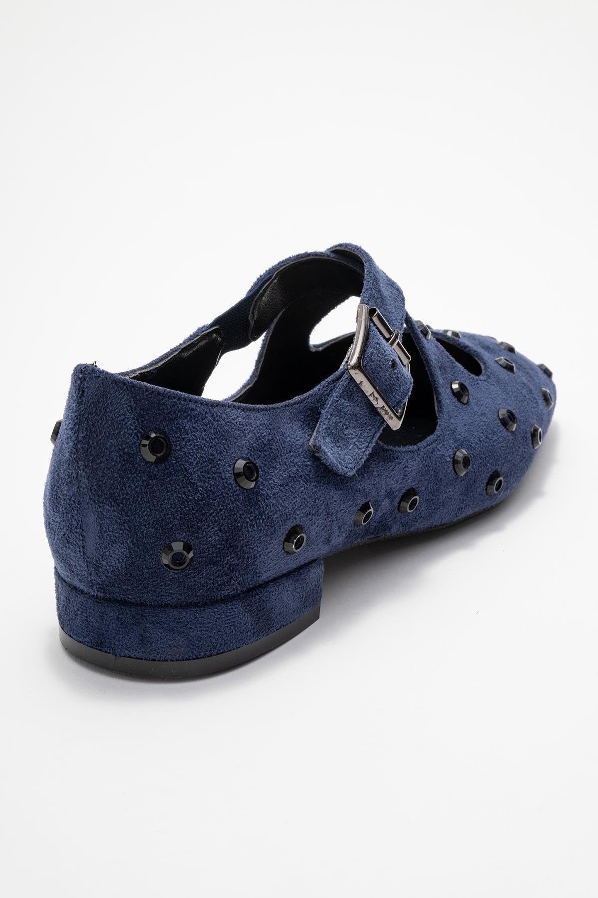 Addison - Navy Jeweled Cross-Strap Ballet Flat – back view showing leather, suede, Vowalisse