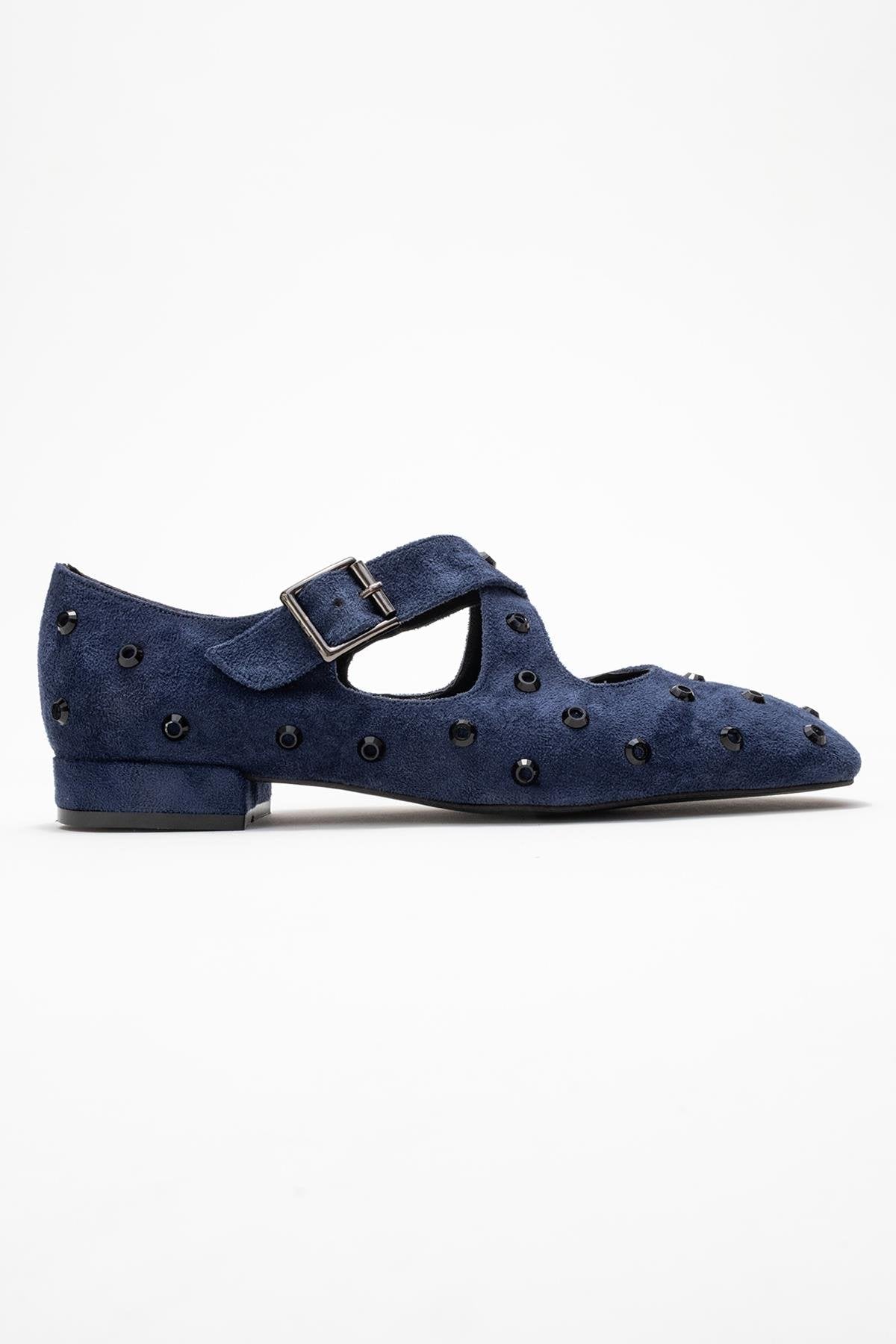 Addison - Navy Jeweled Cross-Strap Ballet Flat – top view showing leather, suede, Vowalisse