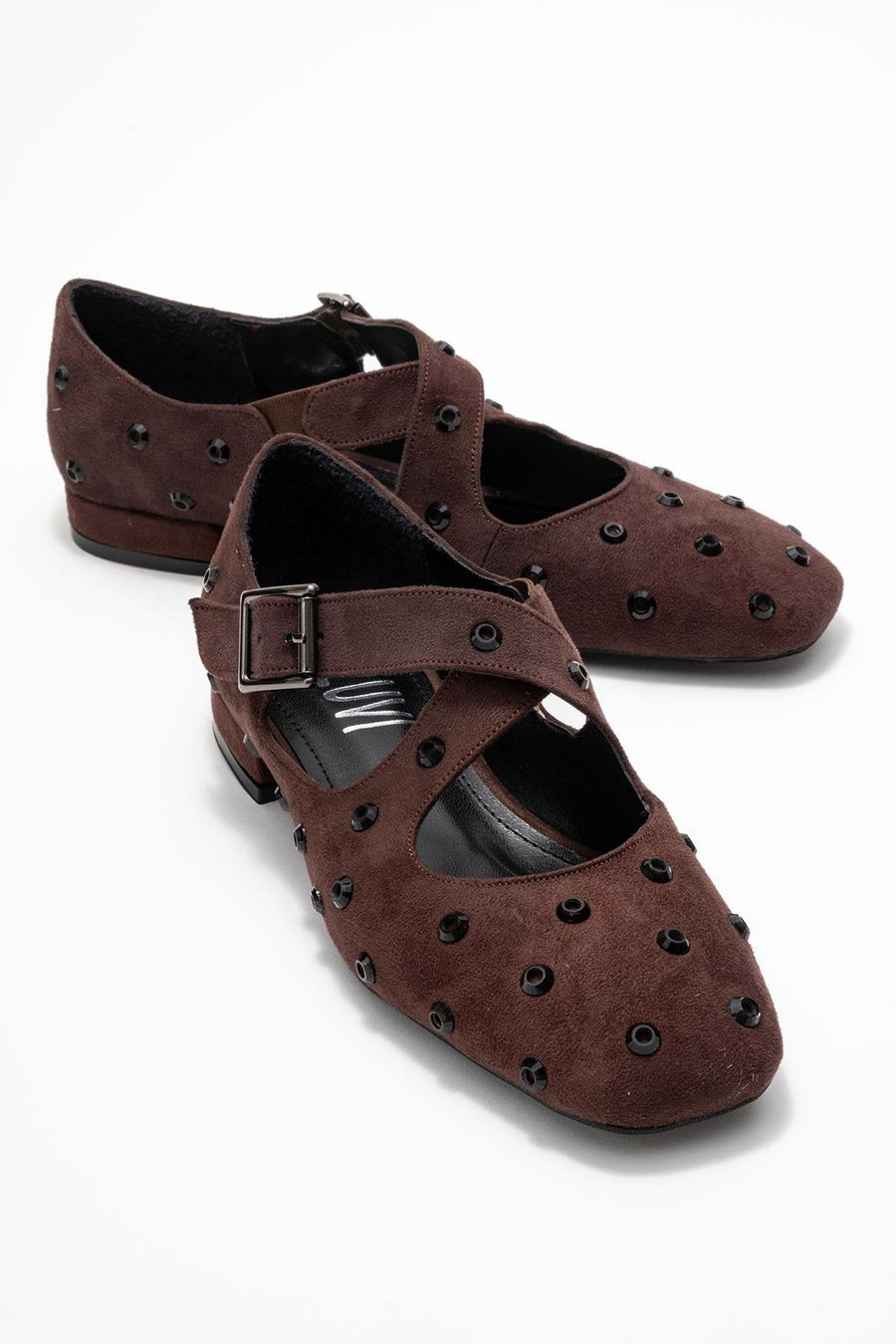 Addison - Brown Jeweled Cross-Strap Ballet Flat