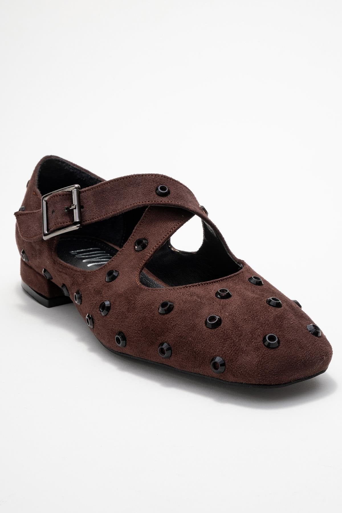 Addison - Brown Jeweled Cross-Strap Ballet Flat – detail view showing leather, suede, Vowalisse