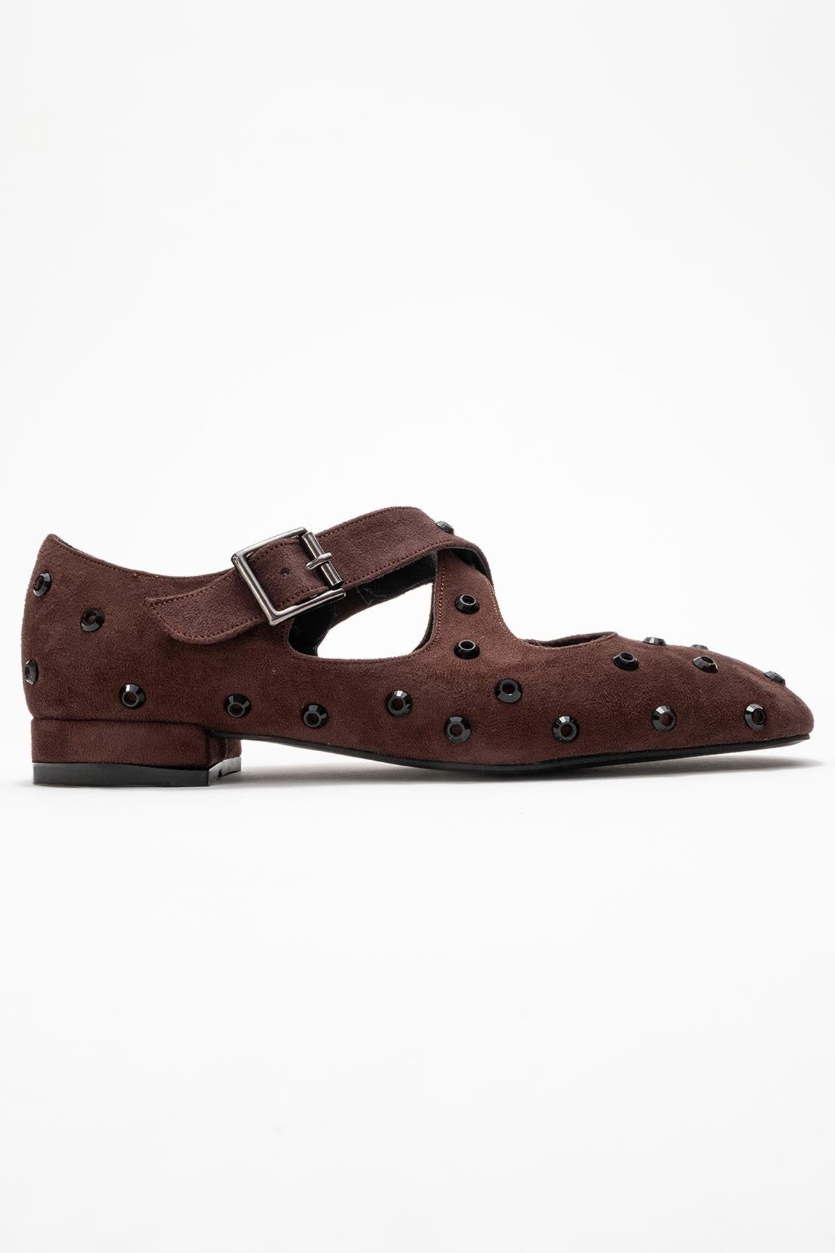 Addison - Brown Jeweled Cross-Strap Ballet Flat – top view showing leather, suede, Vowalisse