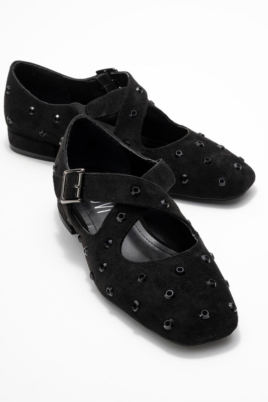Addison - Black Jeweled Cross-Strap Ballet Flat