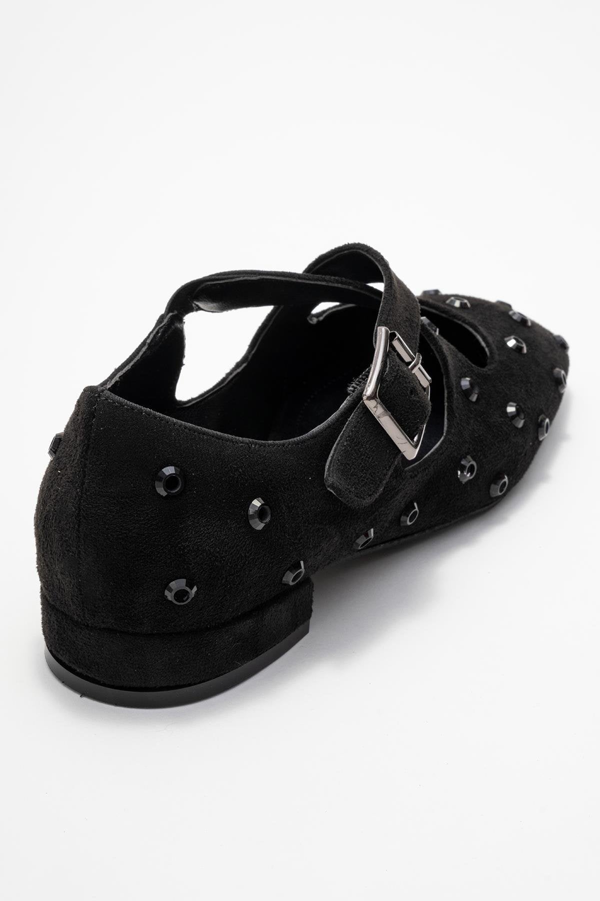 Addison - Black Jeweled Cross-Strap Ballet Flat – back view showing leather, suede, black, Vowalisse