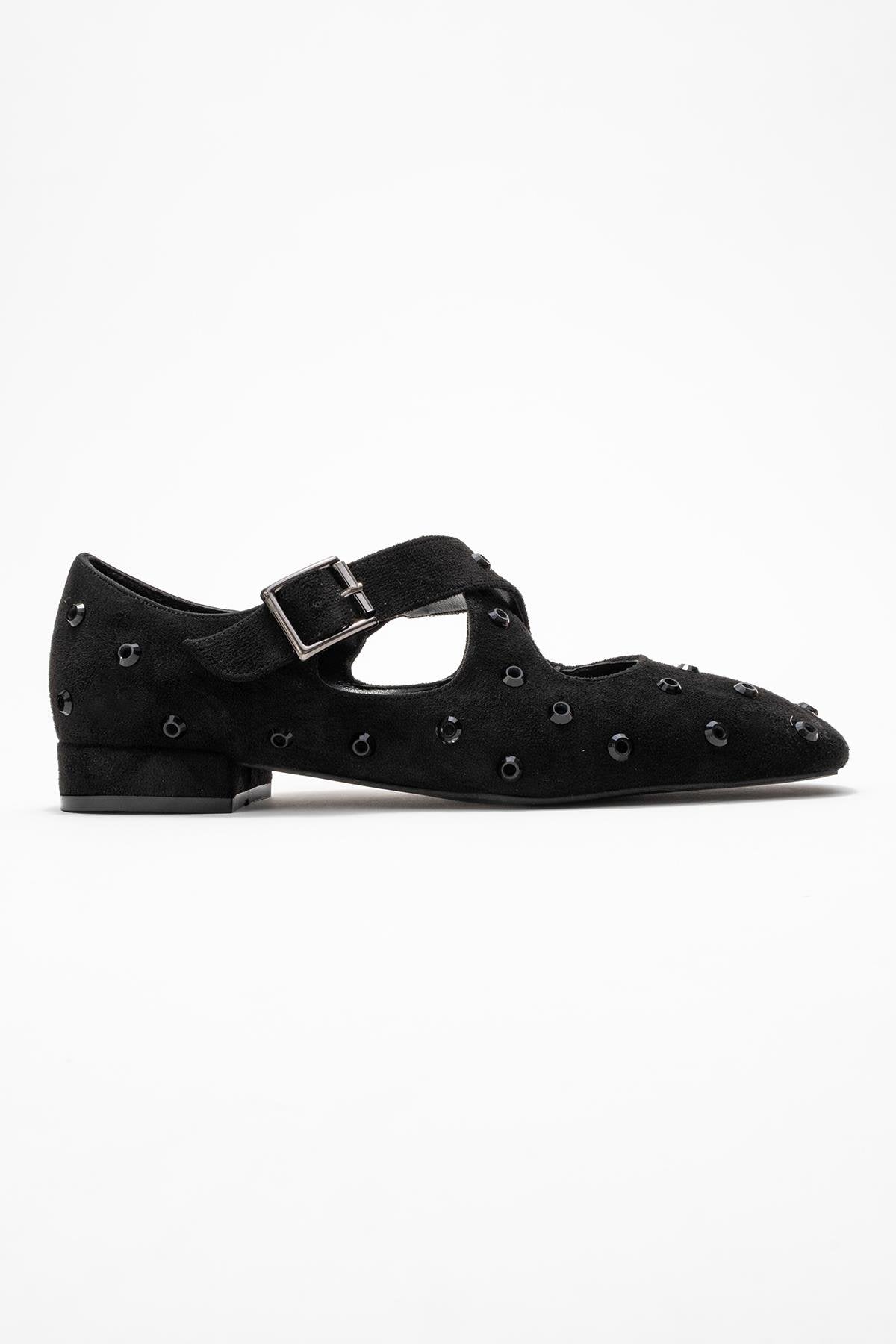 Addison - Black Jeweled Cross-Strap Ballet Flat – top view showing leather, suede, black, Vowalisse