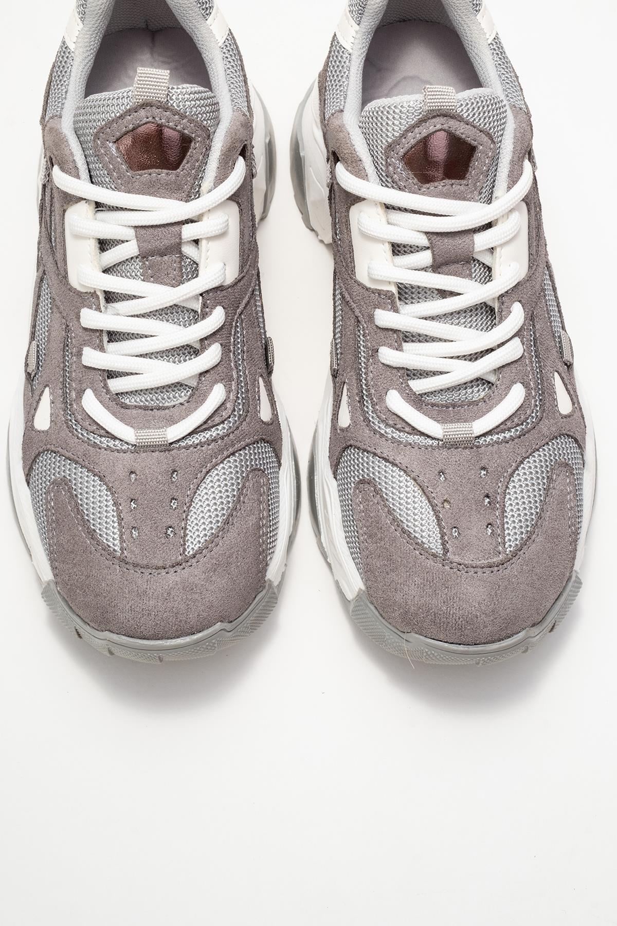 Loretta - Gray Suede Sneaker – side view showing leather, suede, Vowalisse