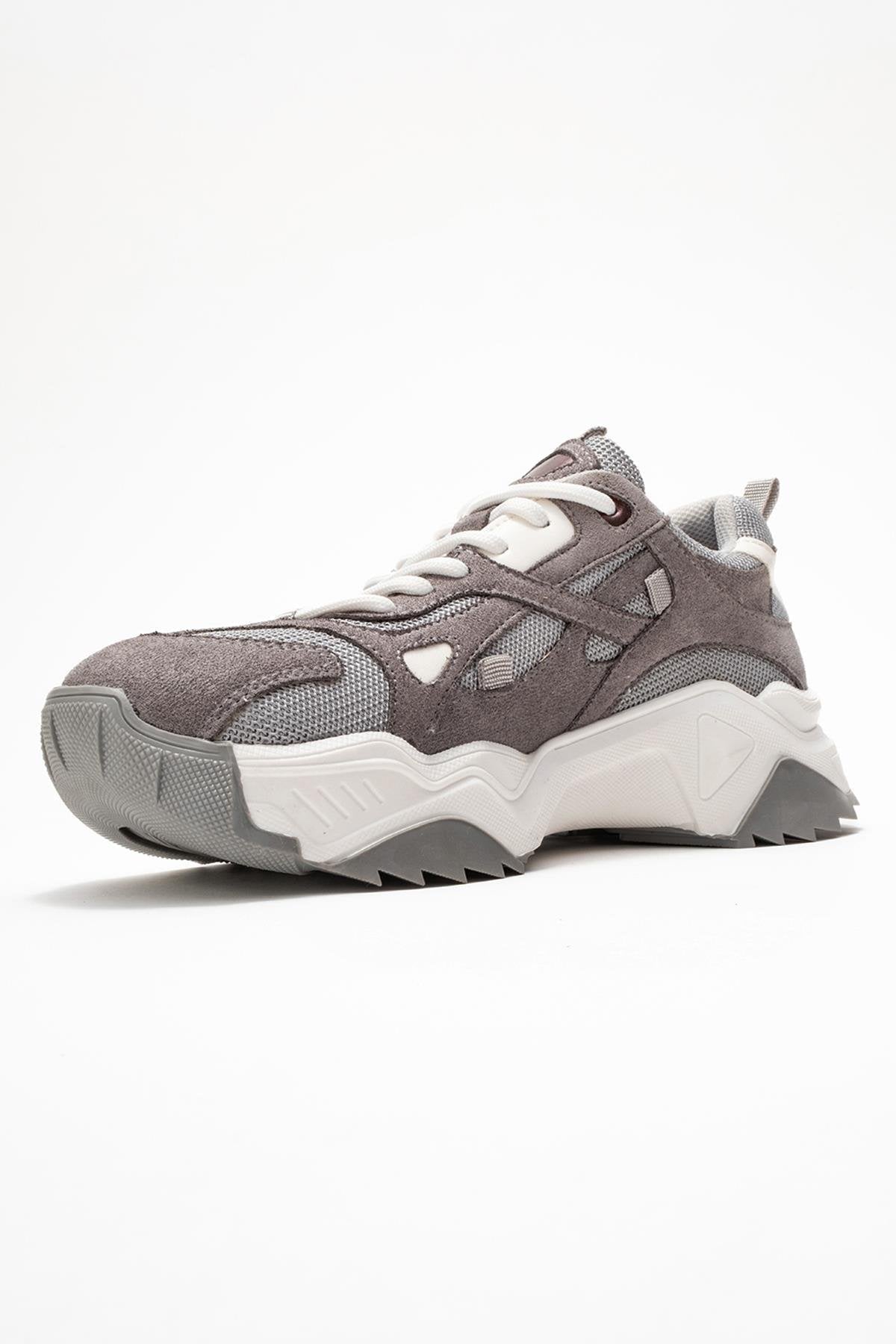 Loretta - Gray Suede Sneaker – heel view showing leather, suede, Vowalisse