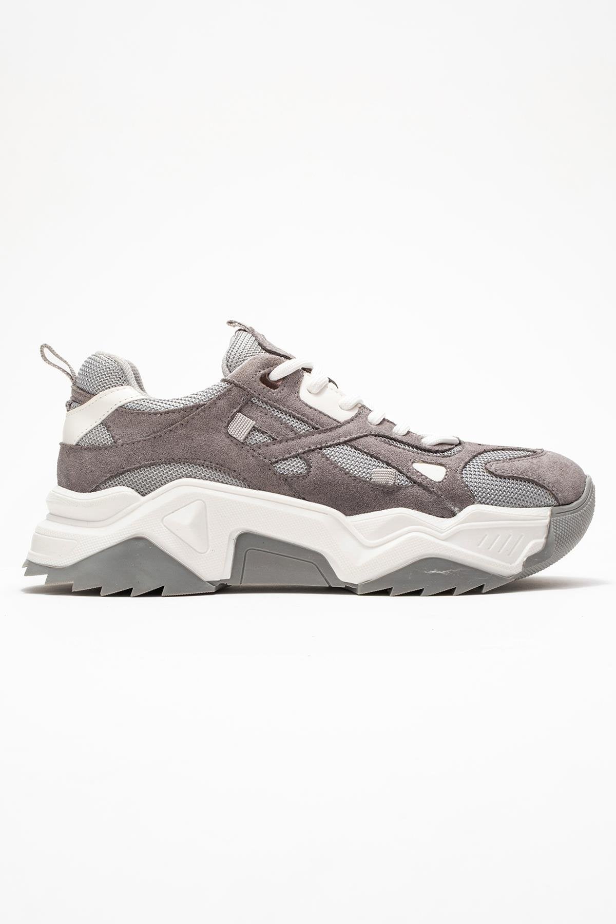 Loretta - Gray Suede Sneaker – top view showing leather, suede, Vowalisse
