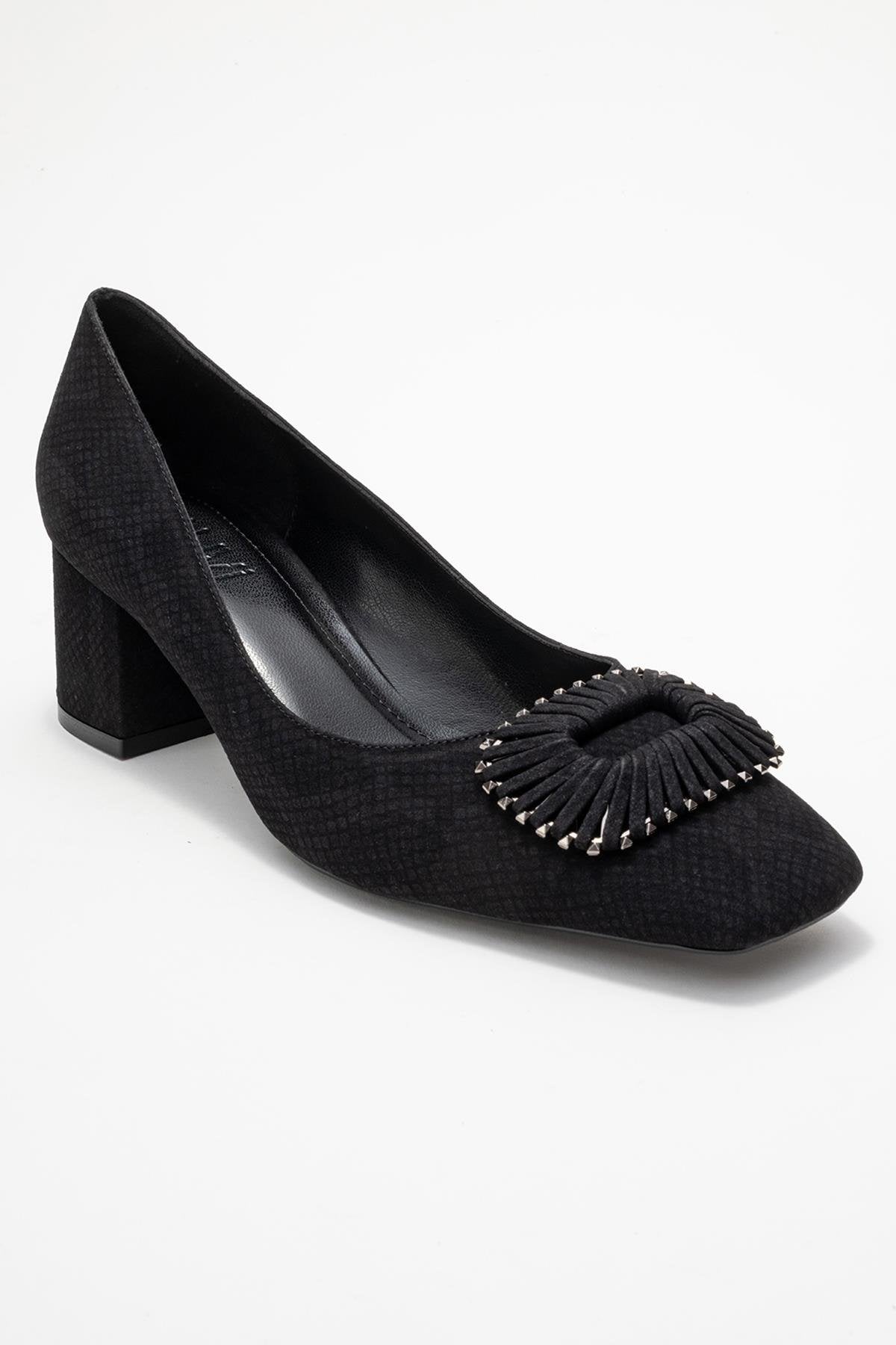 Velora - Black Patterned Buckled Block Heel Shoe – detail view showing leather, black, Vowalisse