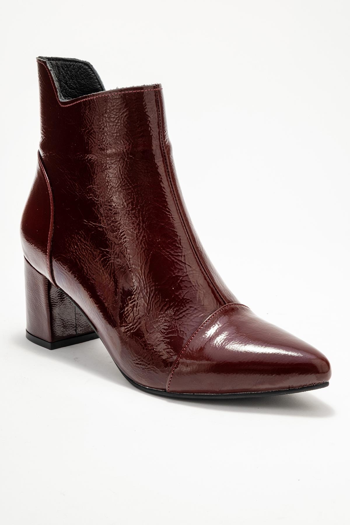 Gael - Burgundy Patent Genuine Leather Block Heel Boot – detail view showing leather, Vowalisse