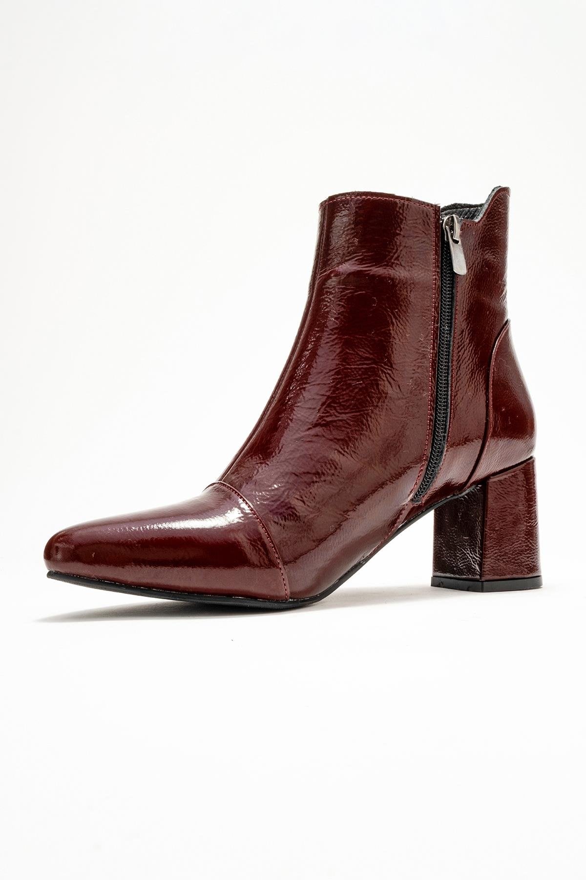 Gael - Burgundy Patent Genuine Leather Block Heel Boot – heel view showing leather, Vowalisse