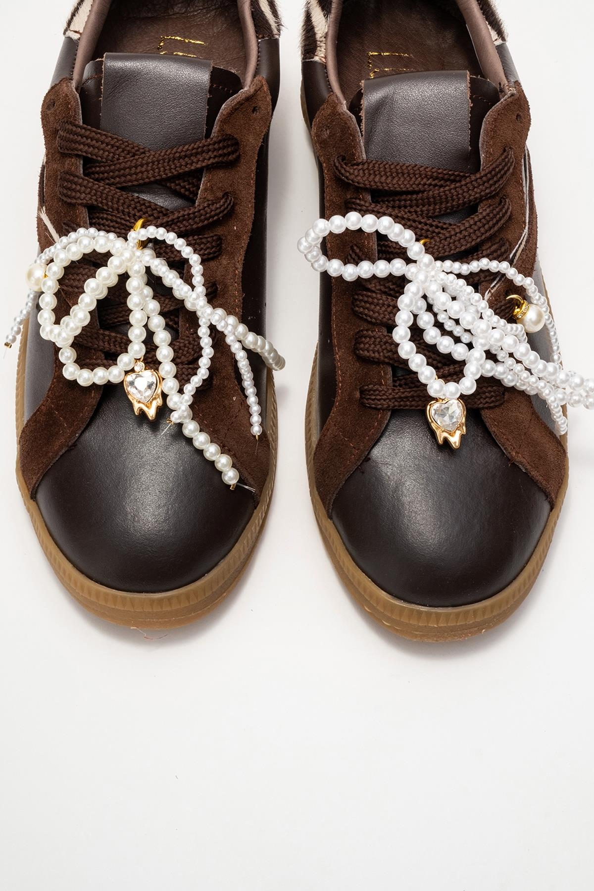 Taren - Brown Genuine Leather Pearl Buckle Casual Sneaker – side view showing pearl, leather, red, Vowalisse