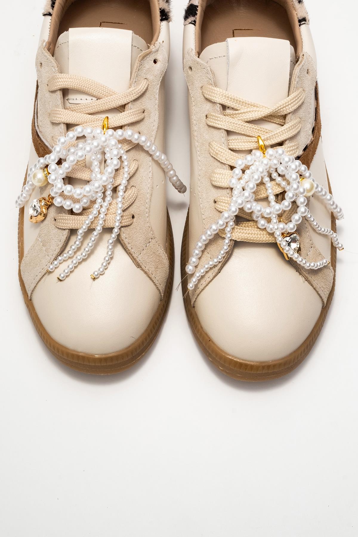 Taren - Beige Genuine Leather Pearl Buckle Casual Sneaker – side view showing pearl, leather, Vowalisse
