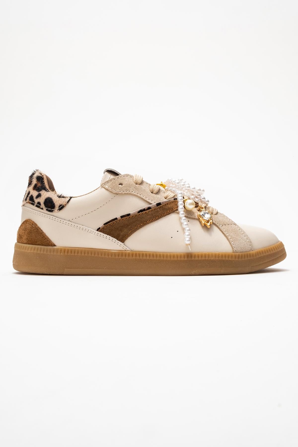 Taren - Beige Genuine Leather Pearl Buckle Casual Sneaker – top view showing pearl, leather, Vowalisse