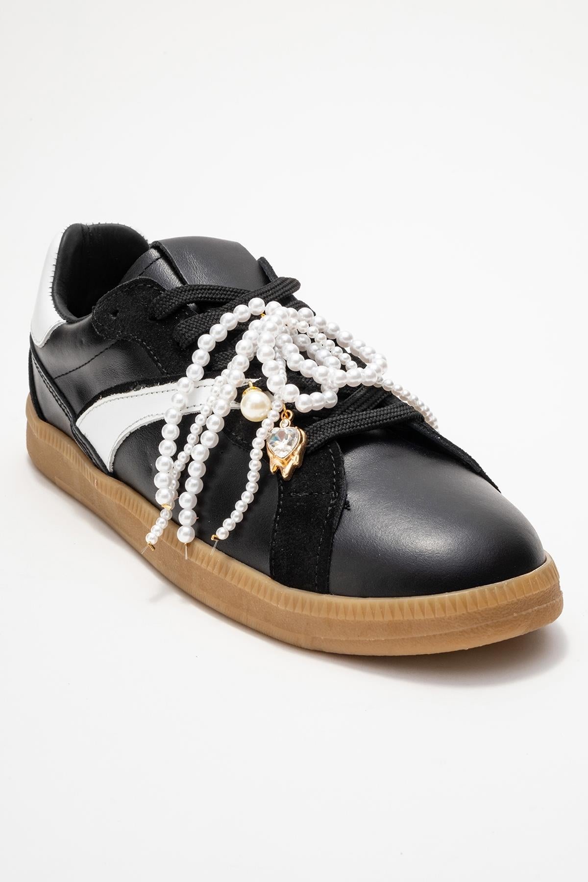 Taren - Black Genuine Leather Pearl Buckle Casual Sneaker – detail view showing pearl, leather, black, Vowalisse