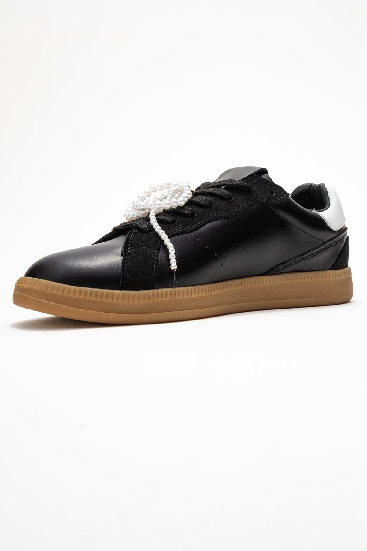 Taren - Black Genuine Leather Pearl Buckle Casual Sneaker – heel view showing pearl, leather, black, Vowalisse