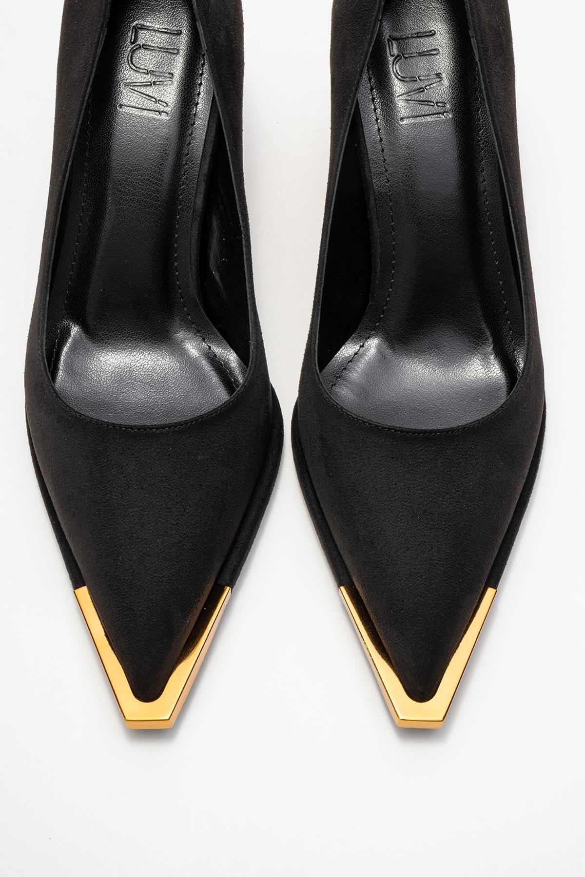 Liora - Black Suede Gold-Detail Block Heel Pump – side view showing leather, suede, black, Vowalisse