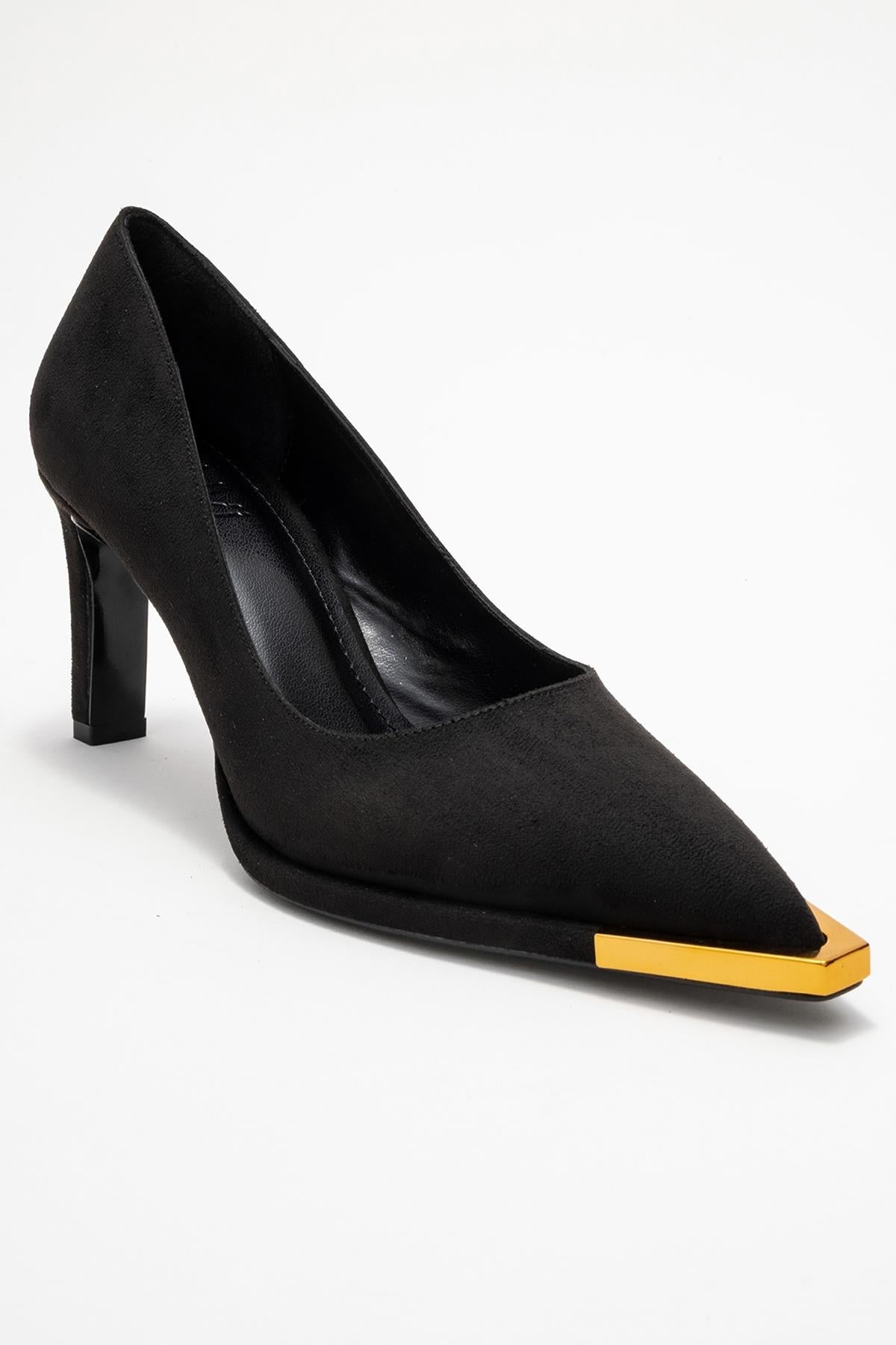 Liora - Black Suede Gold-Detail Block Heel Pump – detail view showing leather, suede, black, Vowalisse