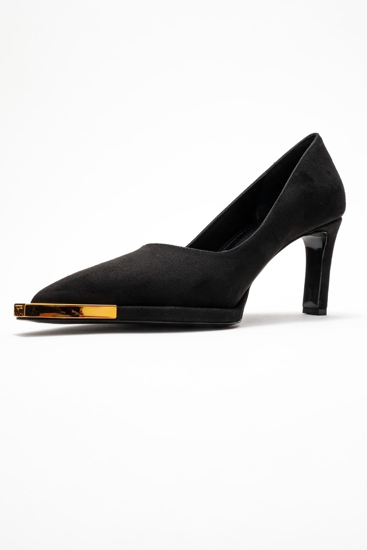 Liora - Black Suede Gold-Detail Block Heel Pump – heel view showing leather, suede, black, Vowalisse