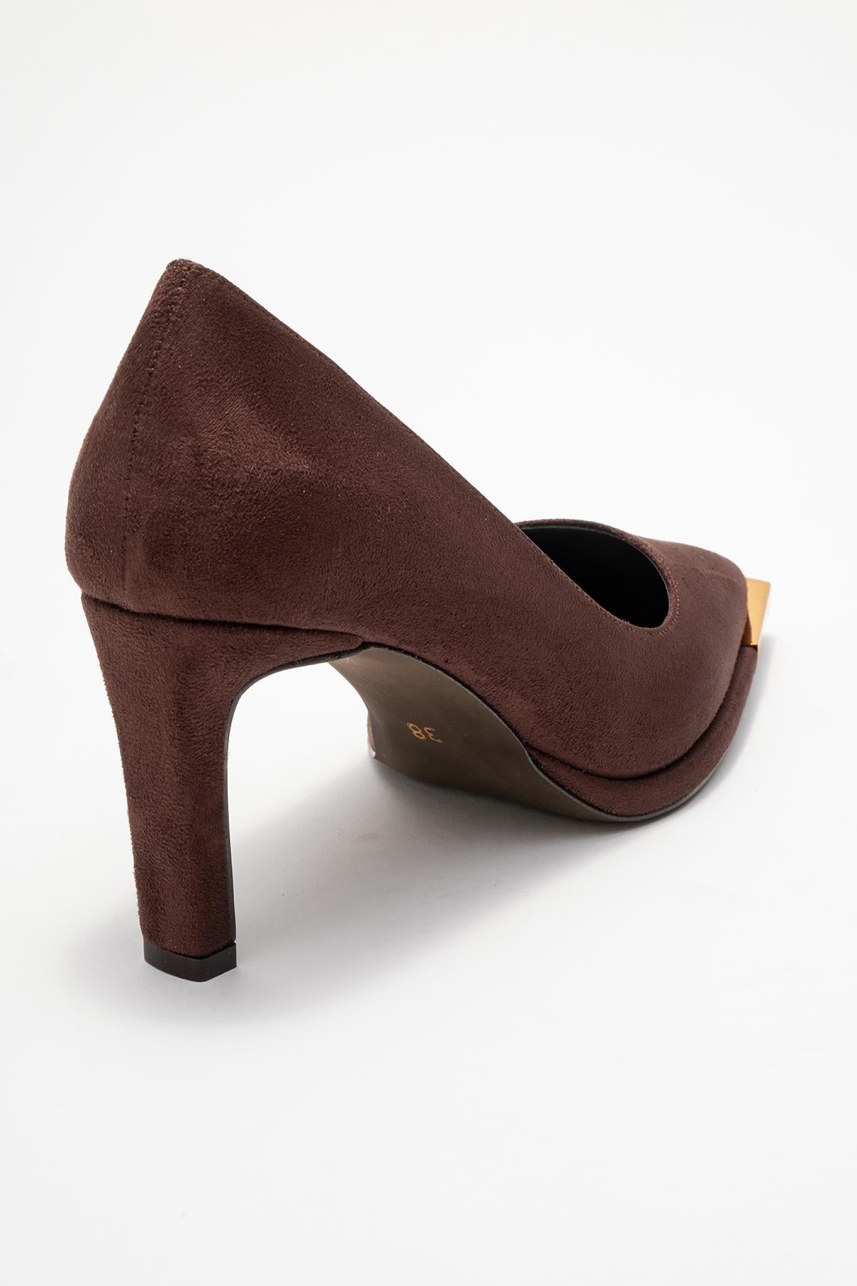 Liora - Brown Suede Gold-Detail Block Heel Pump – back view showing leather, suede, gold, Vowalisse