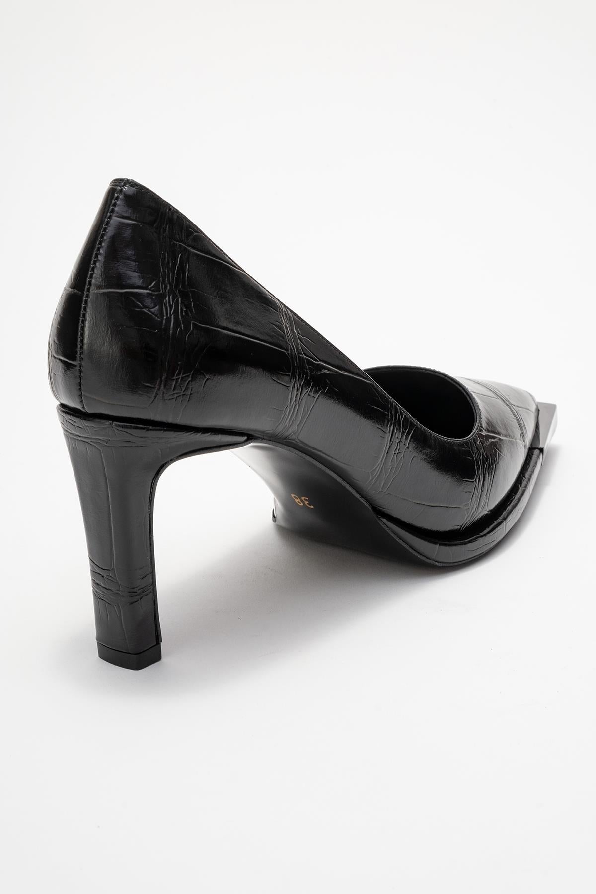 Liora - Black Printed Platinum-Detail Block Heel Pump – back view showing leather, metallic, black, Vowalisse