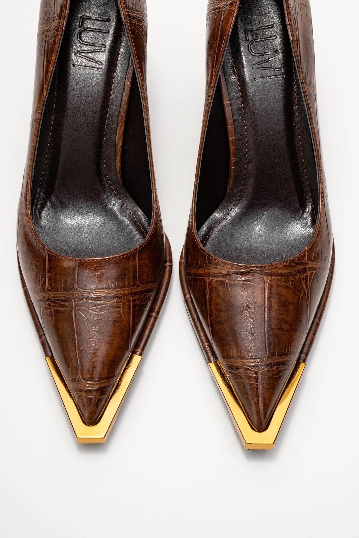 Liora - Brown Printed Gold-Detail Block Heel Pump – side view showing leather, metallic, gold, Vowalisse