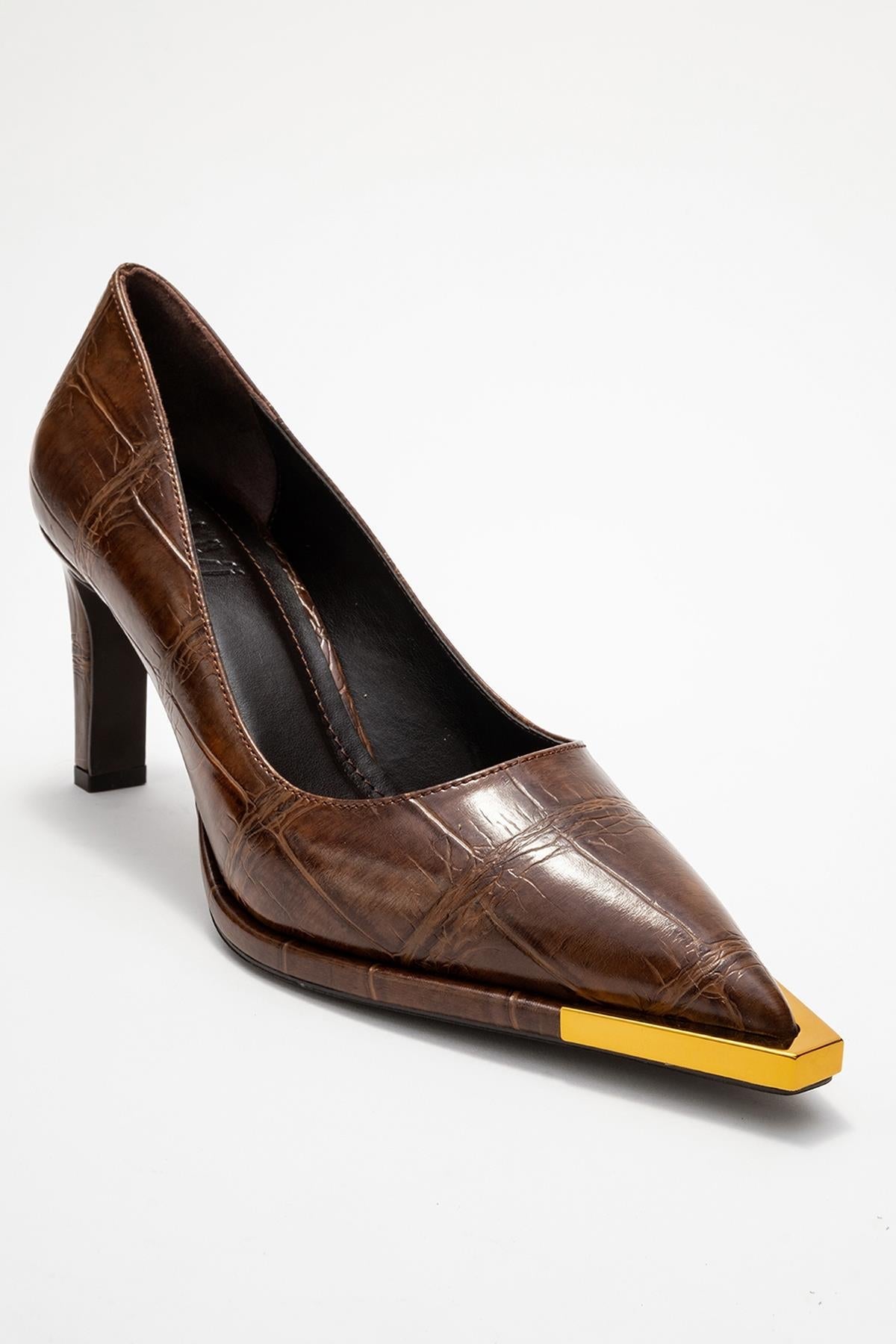 Liora - Brown Printed Gold-Detail Block Heel Pump – detail view showing leather, metallic, gold, Vowalisse