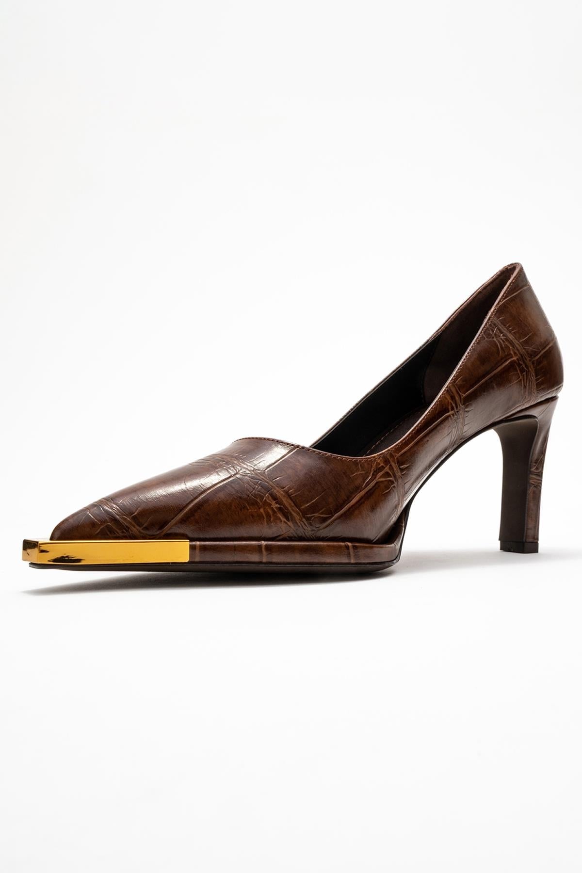 Liora - Brown Printed Gold-Detail Block Heel Pump – heel view showing leather, metallic, gold, Vowalisse