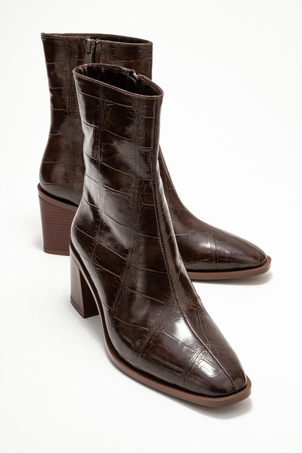 Chara - Brown Printed Block Heel Boot – front three-quarter view showing leather, Vowalisse